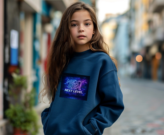 Youth Crewneck Sweatshirt — "Next Gen, Next Level" Retro Futuristic Graphic