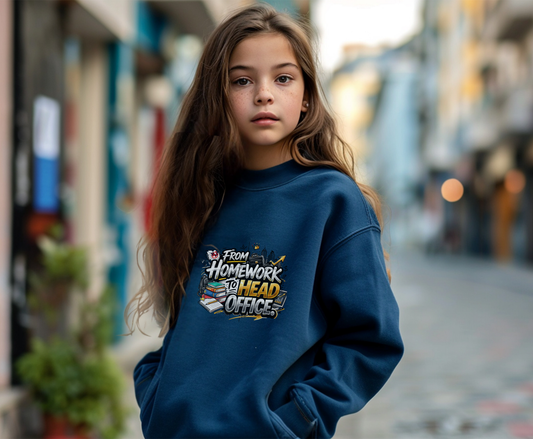 Youth Crewneck Sweatshirt – “From Homework to Head Office” Graphic School-to-Work Sweatshirt