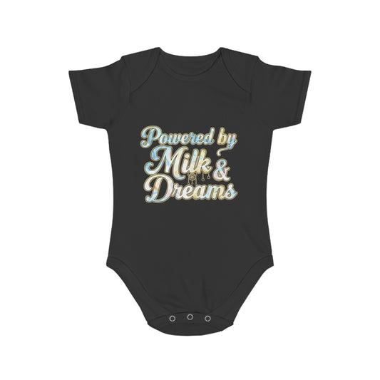 Powered by Milk & Dreams Baby Bodysuit, Cute Infant Outfit, Baby Shower Gift, Newborn Clothing, Cute Baby Gift, Short Sleeve Onesie