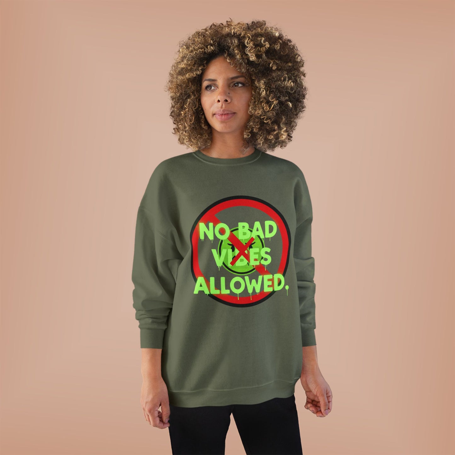 Eco-Friendly Crewneck Sweatshirt - No Bad Vibes Allowed, Relaxed Fit, Casual Wear, Gift for Friends, Vibe Check Fashion