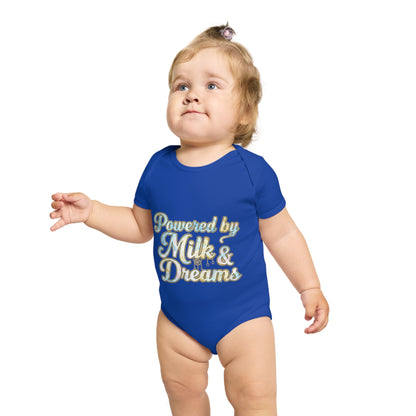 Powered by Milk & Dreams Baby Bodysuit, Cute Infant Outfit, Baby Shower Gift, Newborn Clothing, Cute Baby Gift, Short Sleeve Onesie