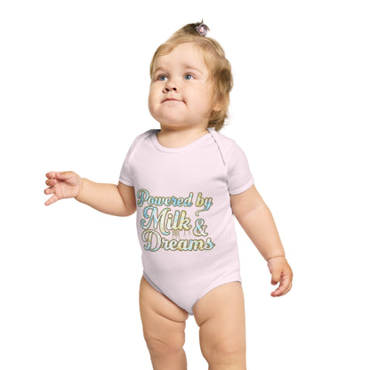 Powered by Milk & Dreams Baby Bodysuit, Cute Infant Outfit, Baby Shower Gift, Newborn Clothing, Cute Baby Gift, Short Sleeve Onesie