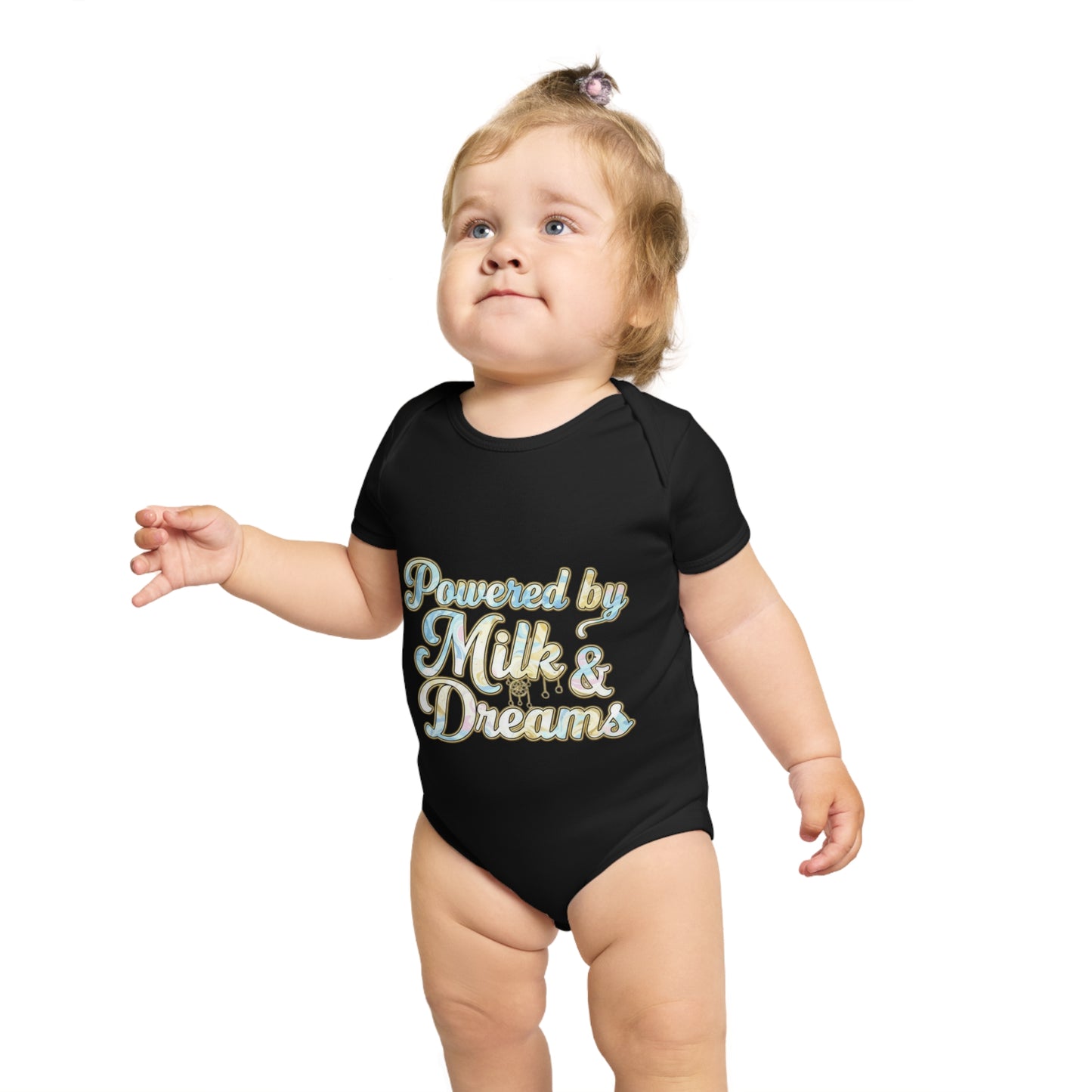 Powered by Milk & Dreams Baby Bodysuit, Cute Infant Outfit, Baby Shower Gift, Newborn Clothing, Cute Baby Gift, Short Sleeve Onesie