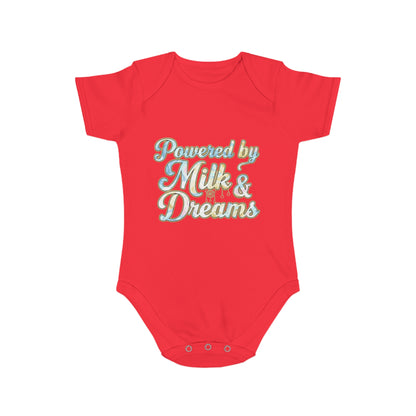Powered by Milk & Dreams Baby Bodysuit, Cute Infant Outfit, Baby Shower Gift, Newborn Clothing, Cute Baby Gift, Short Sleeve Onesie