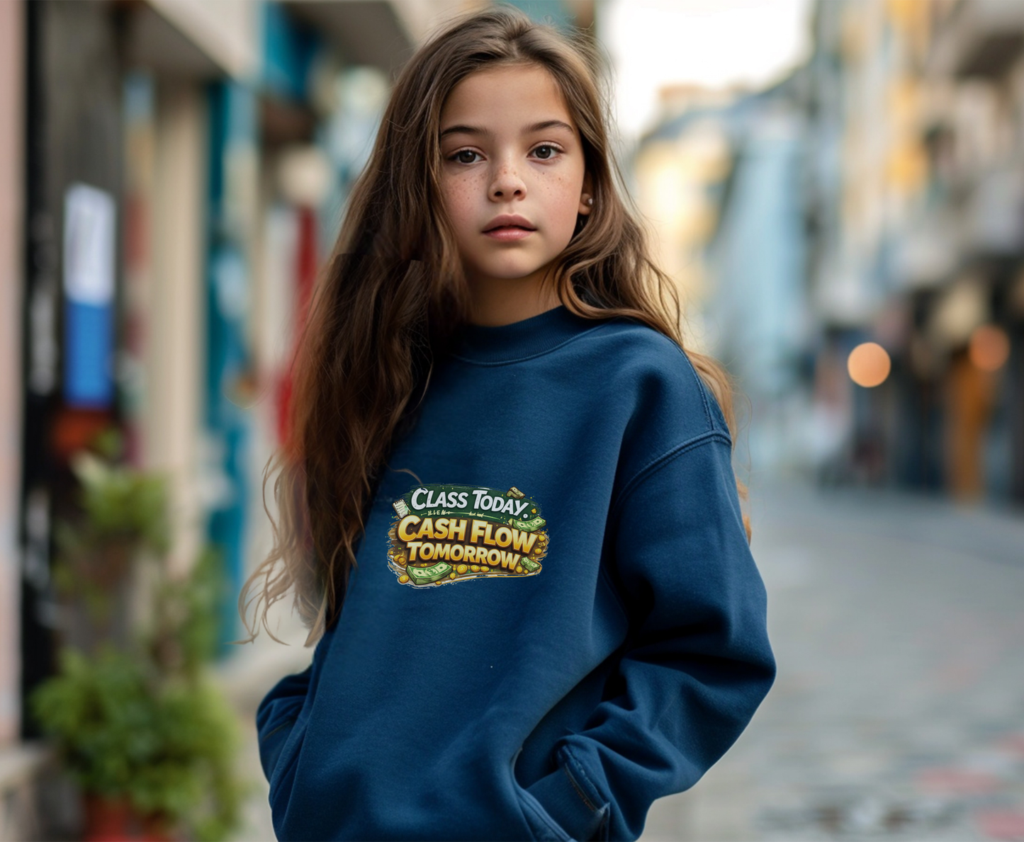 Youth Crewneck Sweatshirt — "Class Today, Cash Flow Tomorrow" Graphic