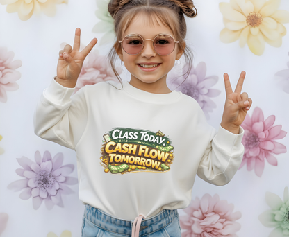 Youth Crewneck Sweatshirt — "Class Today, Cash Flow Tomorrow" Graphic