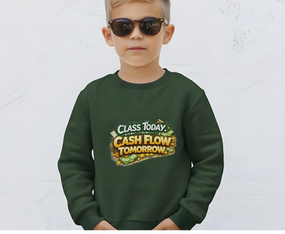 Youth Crewneck Sweatshirt — "Class Today, Cash Flow Tomorrow" Graphic