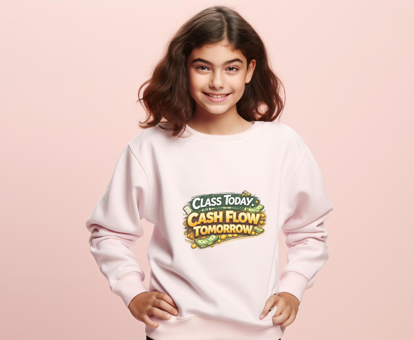 Youth Crewneck Sweatshirt — "Class Today, Cash Flow Tomorrow" Graphic