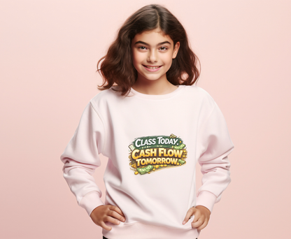 Youth Crewneck Sweatshirt — "Class Today, Cash Flow Tomorrow" Graphic