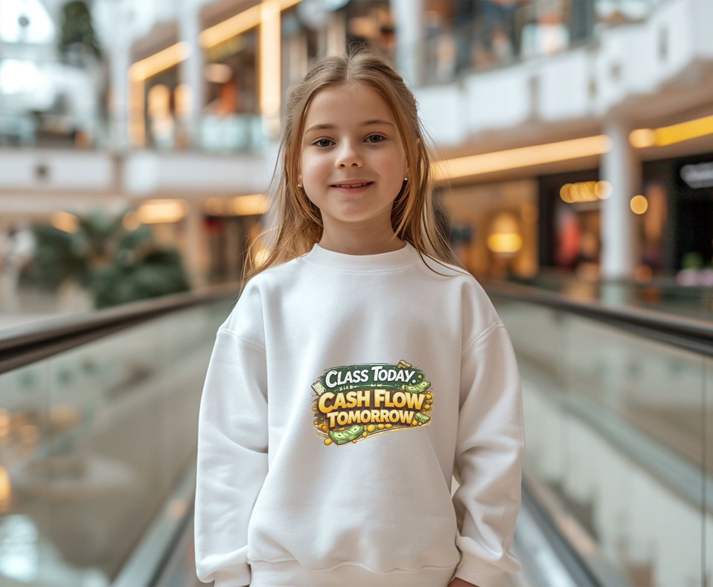 Youth Crewneck Sweatshirt — "Class Today, Cash Flow Tomorrow" Graphic