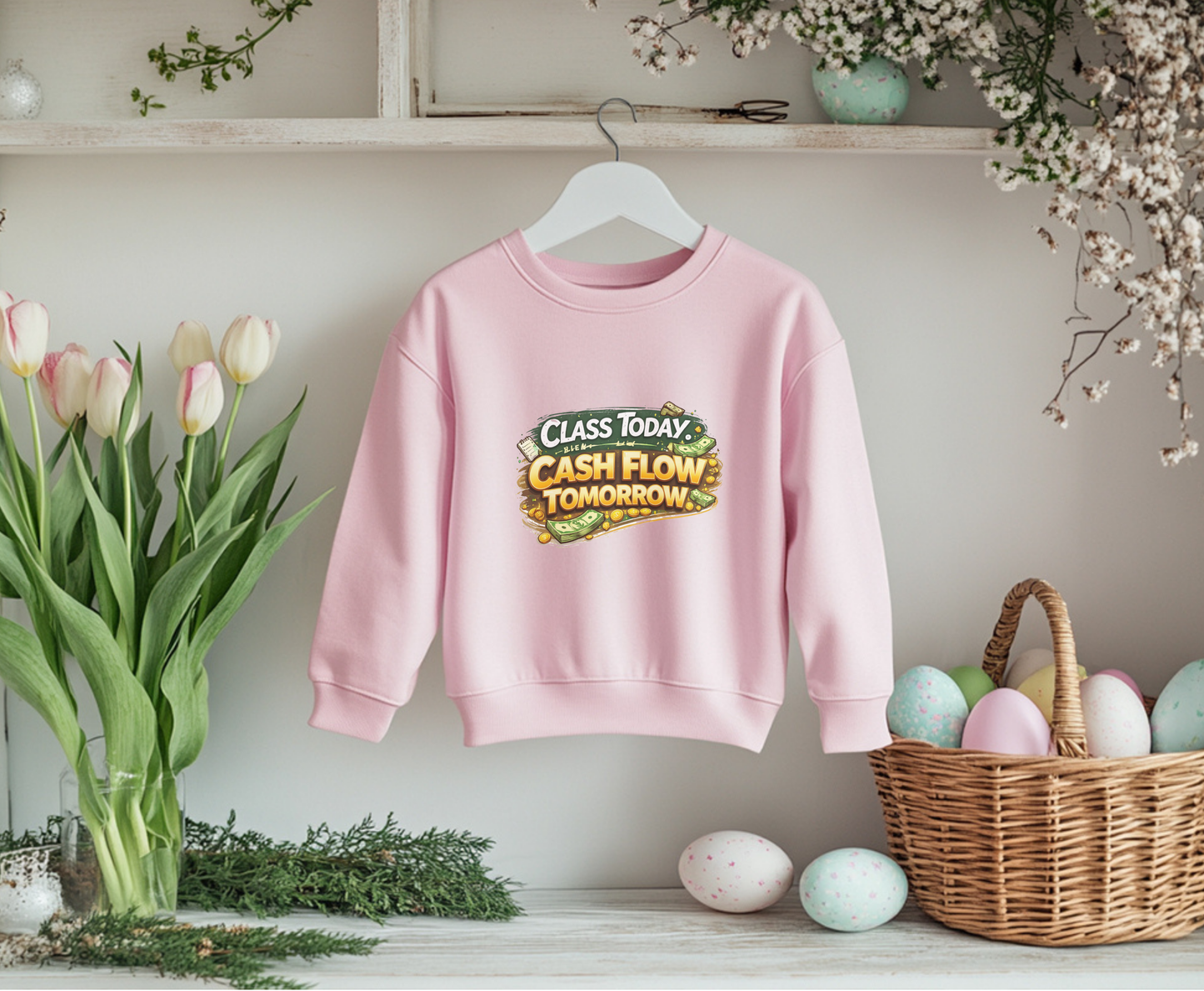 Youth Crewneck Sweatshirt — "Class Today, Cash Flow Tomorrow" Graphic