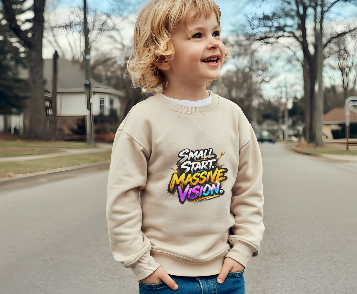 Youth Crewneck Sweatshirt — "Small Start. Massive Vision." Graphic Pullover for Motivated Kids