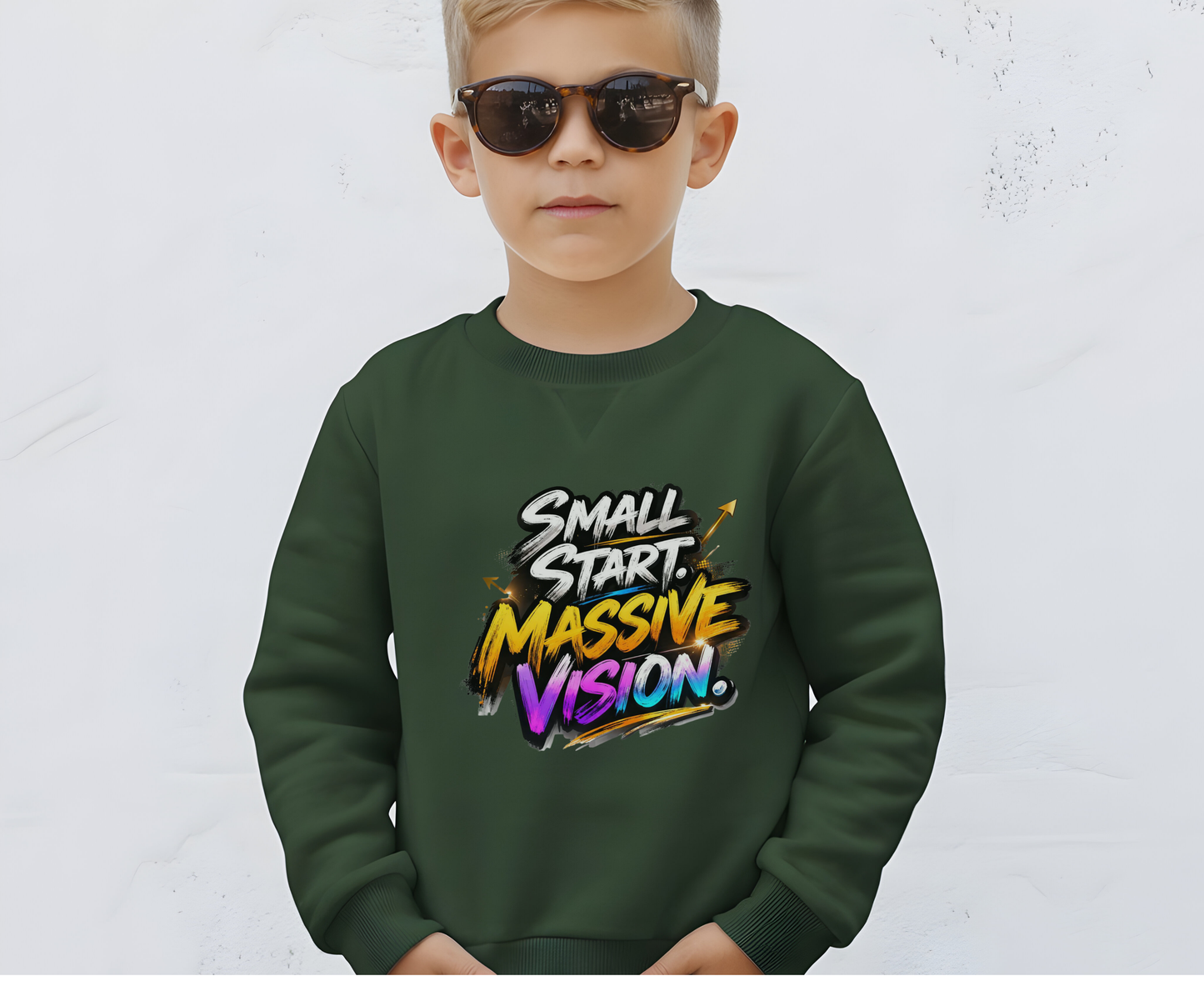 Youth Crewneck Sweatshirt — "Small Start. Massive Vision." Graphic Pullover for Motivated Kids