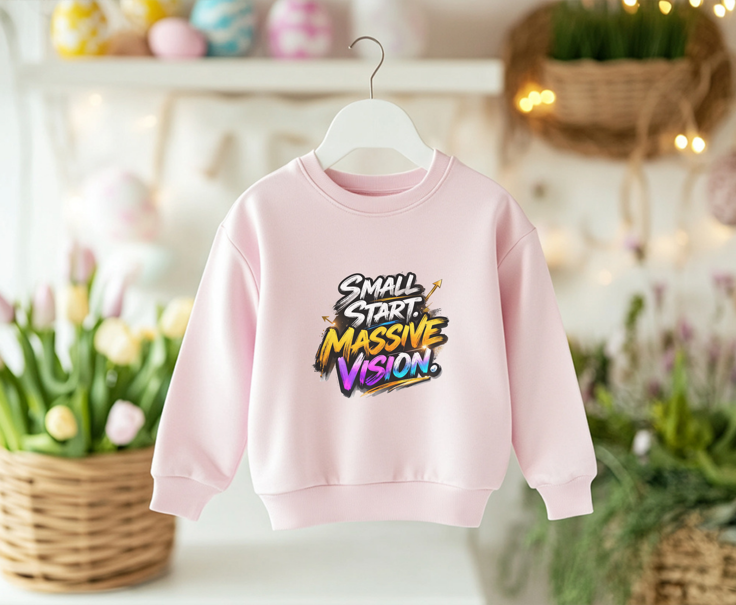 Youth Crewneck Sweatshirt — "Small Start. Massive Vision." Graphic Pullover for Motivated Kids