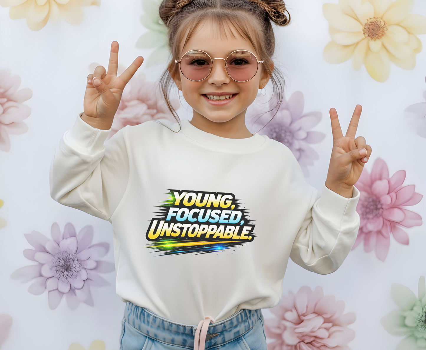 Youth Crewneck Sweatshirt — "Young, Focused, Unstoppable" Graphic