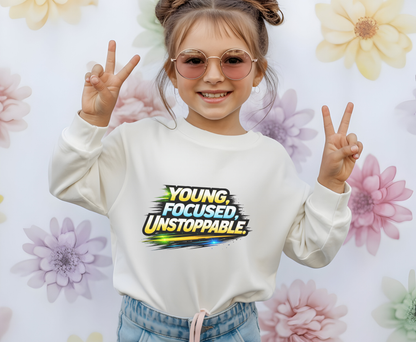 Youth Crewneck Sweatshirt — "Young, Focused, Unstoppable" Graphic