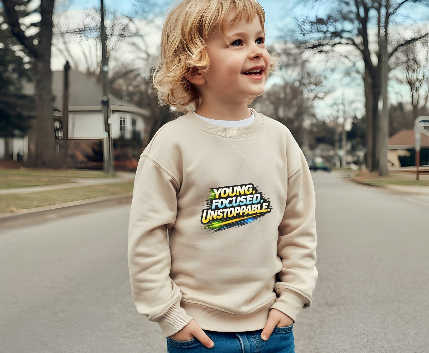 Youth Crewneck Sweatshirt — "Young, Focused, Unstoppable" Graphic