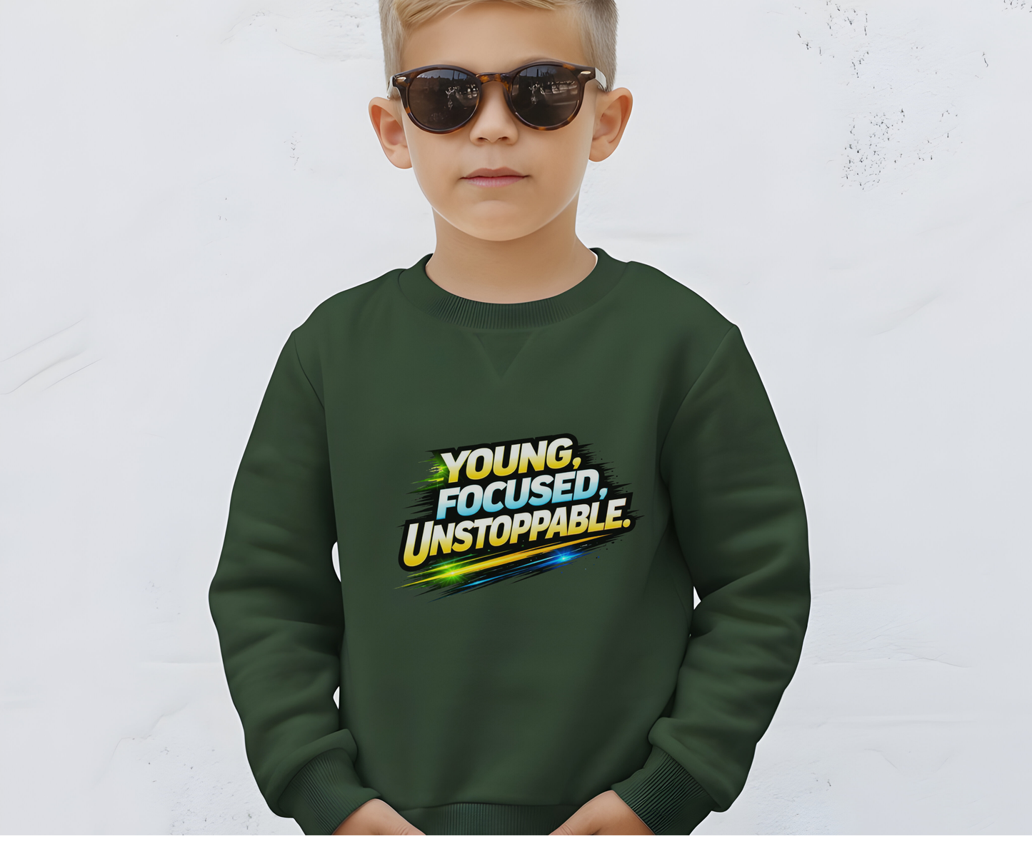 Youth Crewneck Sweatshirt — "Young, Focused, Unstoppable" Graphic