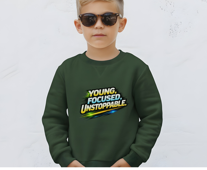 Youth Crewneck Sweatshirt — "Young, Focused, Unstoppable" Graphic