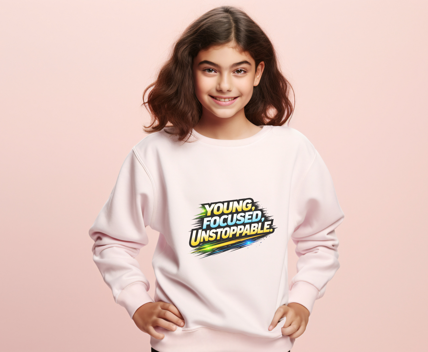 Youth Crewneck Sweatshirt — "Young, Focused, Unstoppable" Graphic