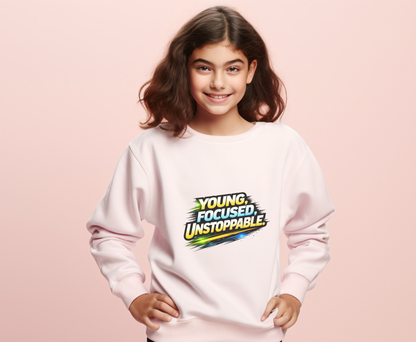 Youth Crewneck Sweatshirt — "Young, Focused, Unstoppable" Graphic