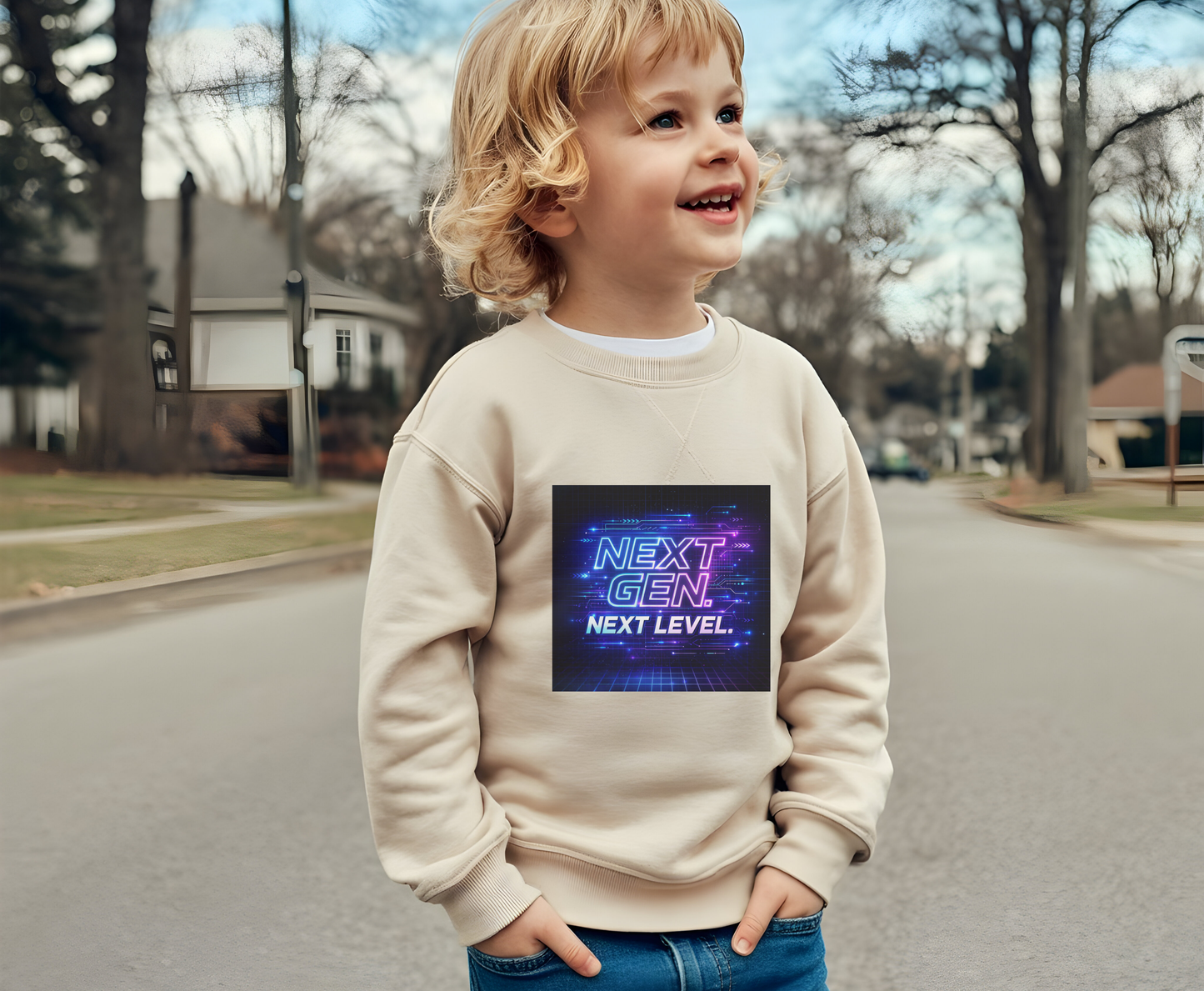 Youth Crewneck Sweatshirt — "Next Gen, Next Level" Retro Futuristic Graphic
