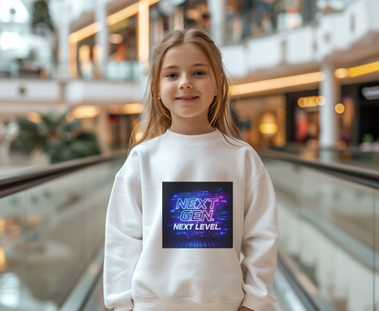 Youth Crewneck Sweatshirt — "Next Gen, Next Level" Retro Futuristic Graphic