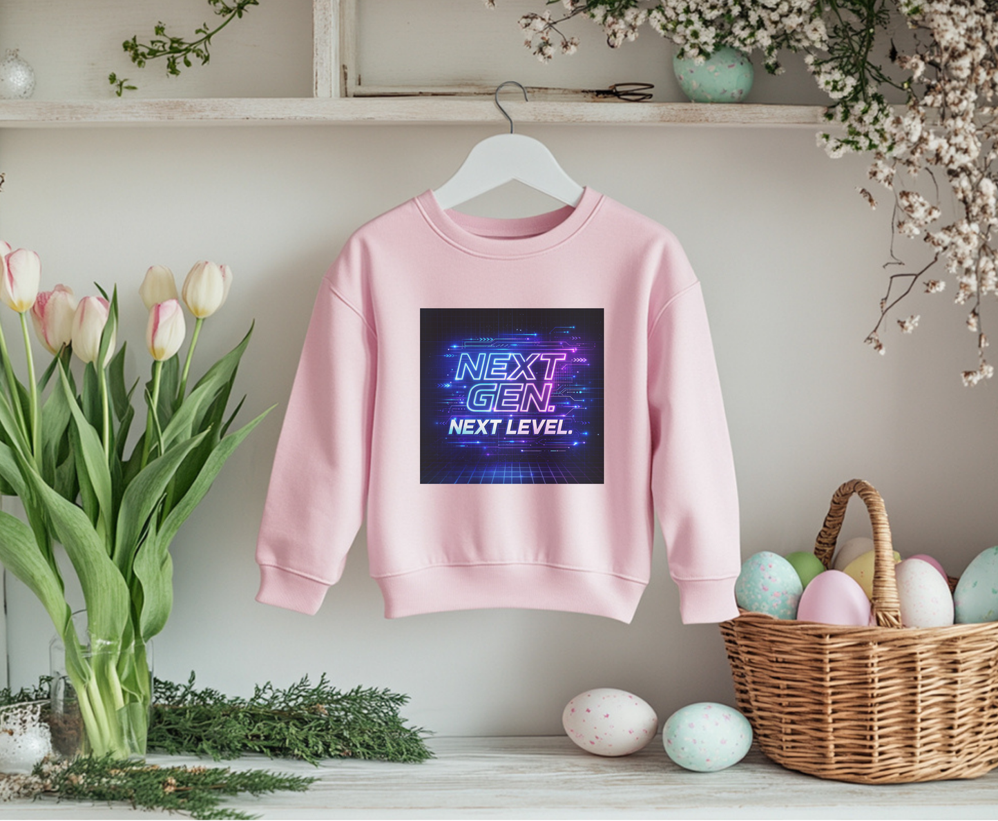 Youth Crewneck Sweatshirt — "Next Gen, Next Level" Retro Futuristic Graphic