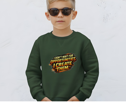 Youth Sweatshirt — "I Don't Wait for Opportunities, I Create Them" Motivational Crewneck
