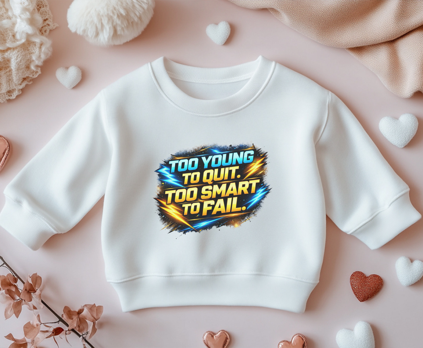Youth Crewneck Sweatshirt — "Too Young to Quit, Too Smart to Fail" Motivational Graphic