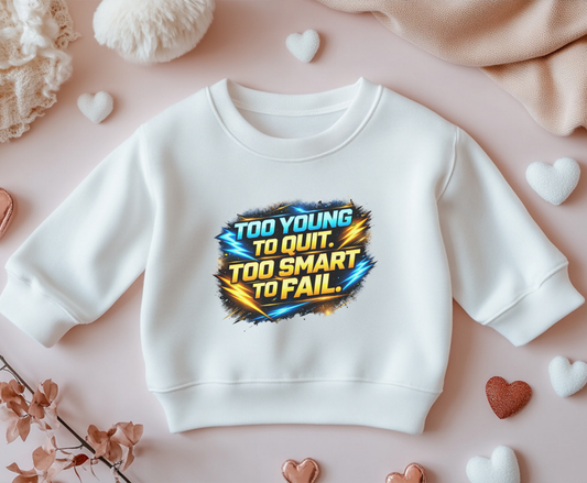 Youth Crewneck Sweatshirt — "Too Young to Quit, Too Smart to Fail" Motivational Graphic