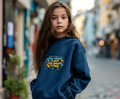 Youth Crewneck Sweatshirt — "Too Young to Quit, Too Smart to Fail" Motivational Graphic