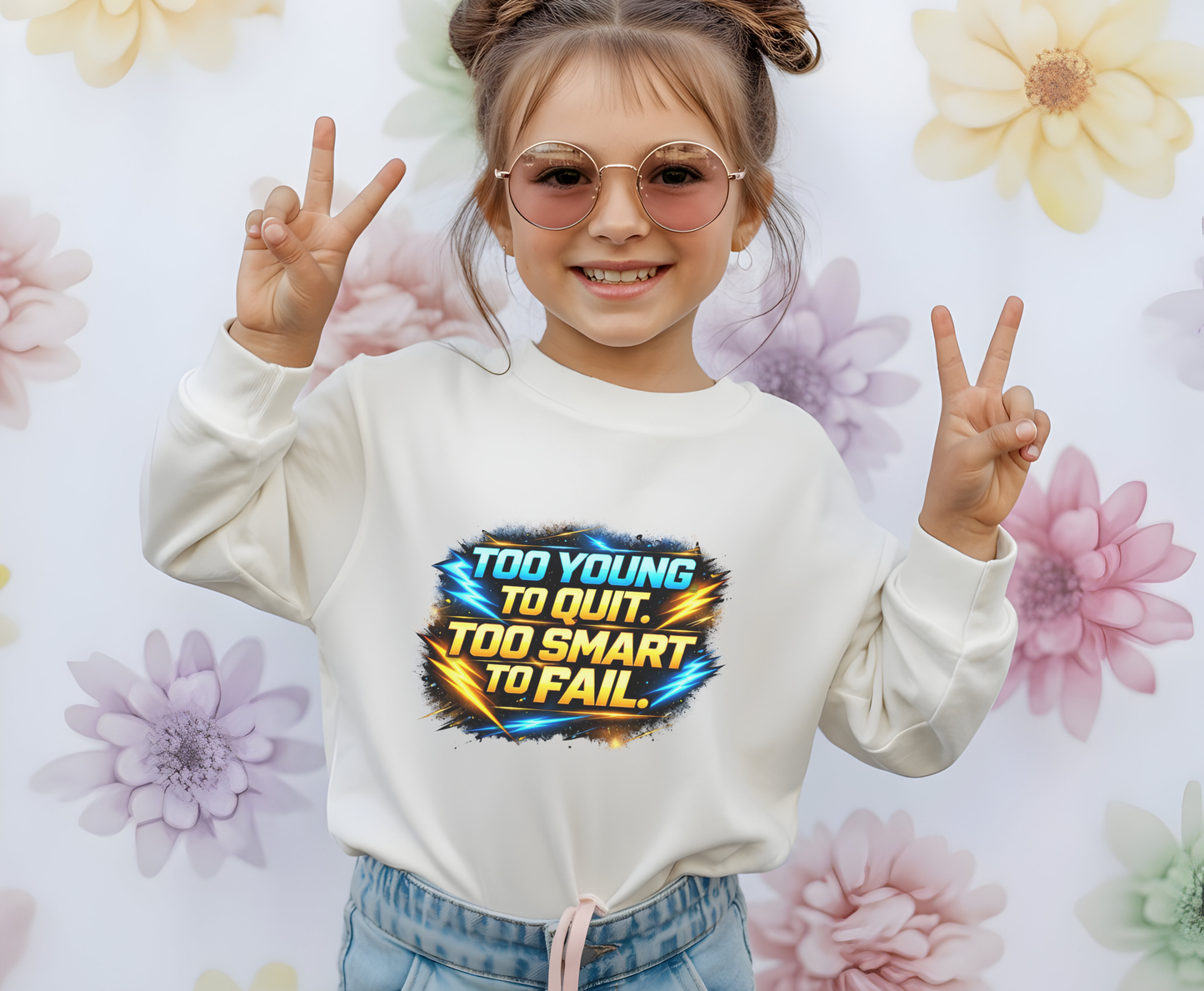 Youth Crewneck Sweatshirt — "Too Young to Quit, Too Smart to Fail" Motivational Graphic