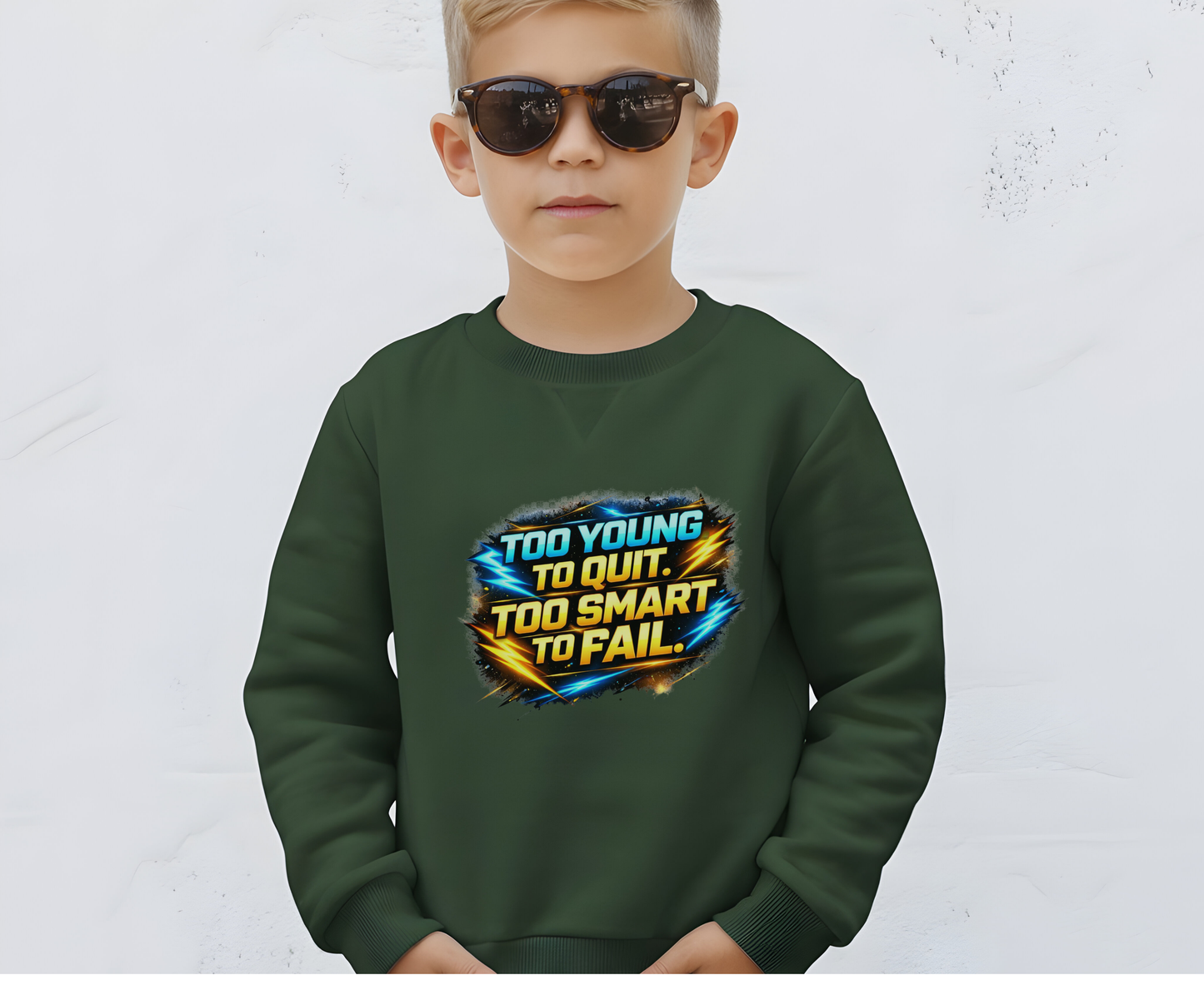 Youth Crewneck Sweatshirt — "Too Young to Quit, Too Smart to Fail" Motivational Graphic