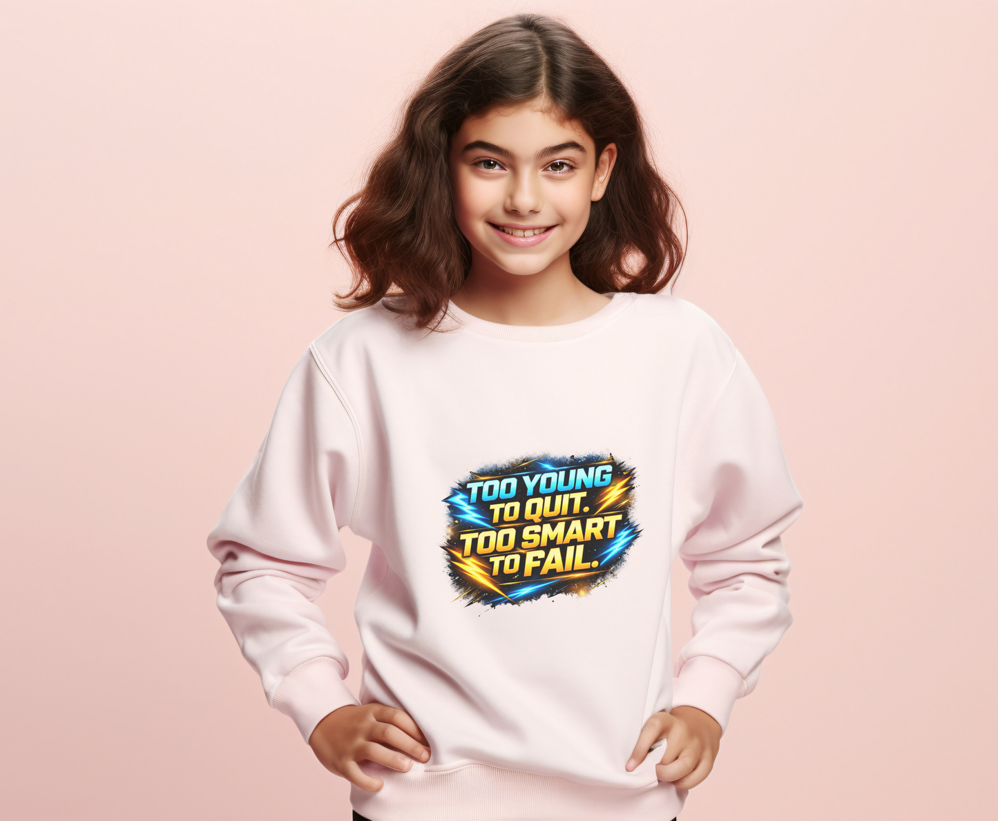 Youth Crewneck Sweatshirt — "Too Young to Quit, Too Smart to Fail" Motivational Graphic