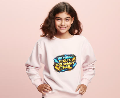 Youth Crewneck Sweatshirt — "Too Young to Quit, Too Smart to Fail" Motivational Graphic