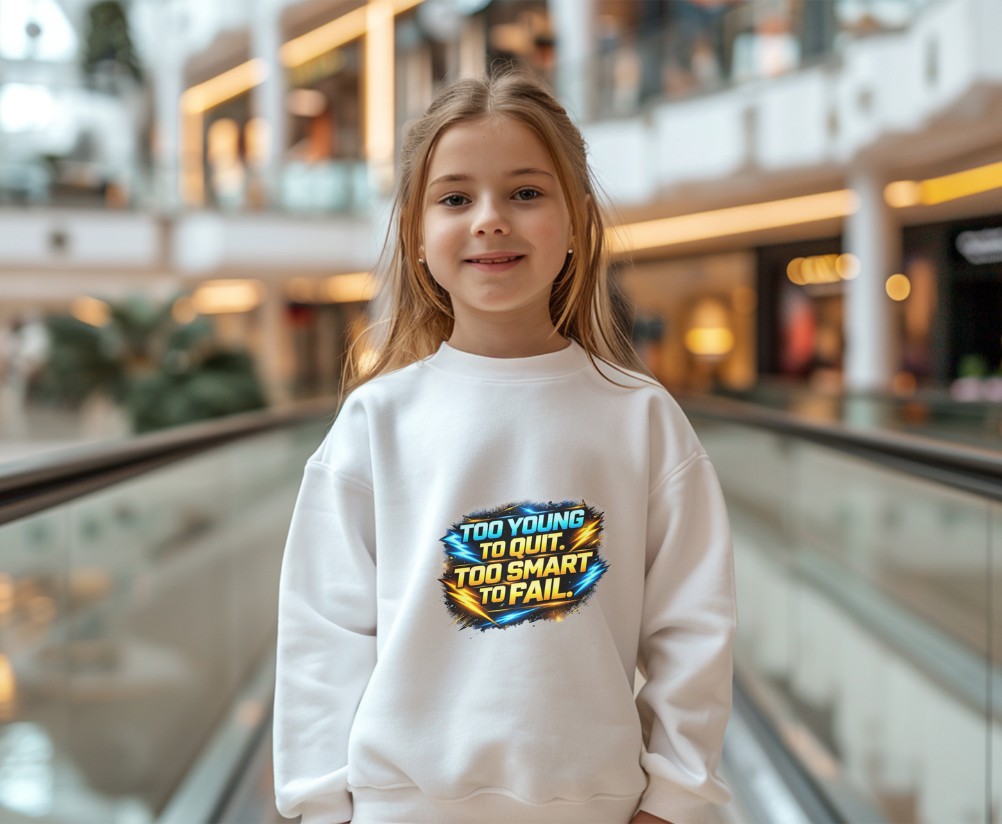 Youth Crewneck Sweatshirt — "Too Young to Quit, Too Smart to Fail" Motivational Graphic