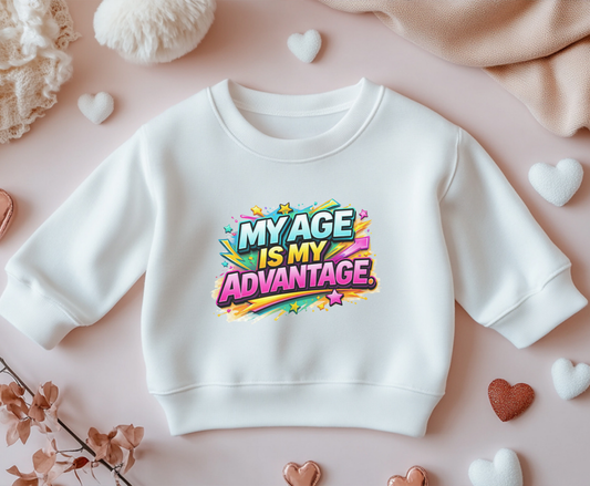 Youth Crewneck Sweatshirt — "My Age Is My Advantage" Colorful Retro Graphic