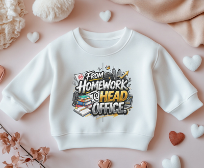 Youth Crewneck Sweatshirt – “From Homework to Head Office” Graphic School-to-Work Sweatshirt