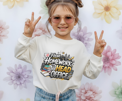 Youth Crewneck Sweatshirt – “From Homework to Head Office” Graphic School-to-Work Sweatshirt