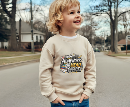 Youth Crewneck Sweatshirt – “From Homework to Head Office” Graphic School-to-Work Sweatshirt