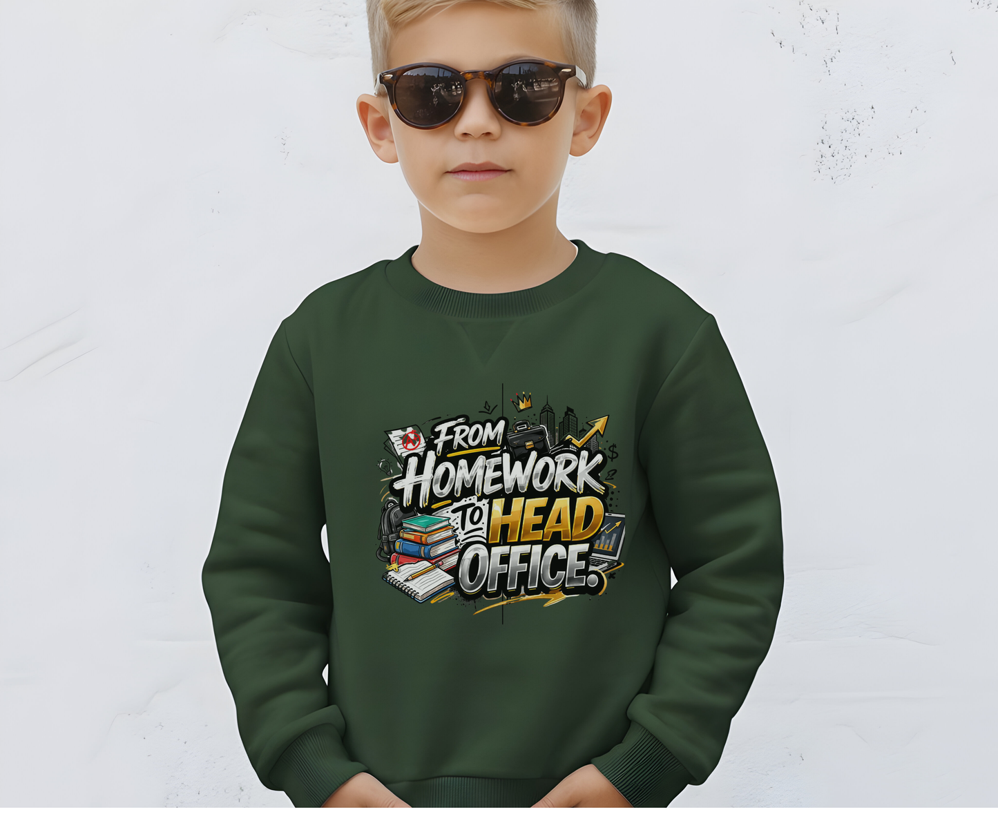 Youth Crewneck Sweatshirt – “From Homework to Head Office” Graphic School-to-Work Sweatshirt