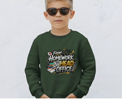 Youth Crewneck Sweatshirt – “From Homework to Head Office” Graphic School-to-Work Sweatshirt