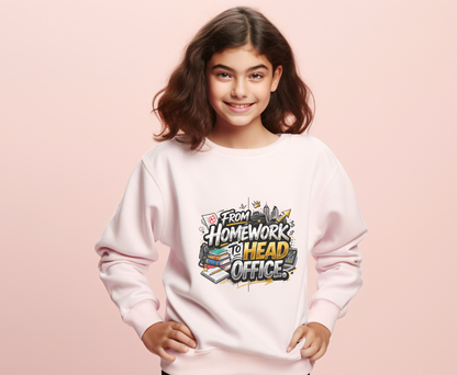 Youth Crewneck Sweatshirt – “From Homework to Head Office” Graphic School-to-Work Sweatshirt