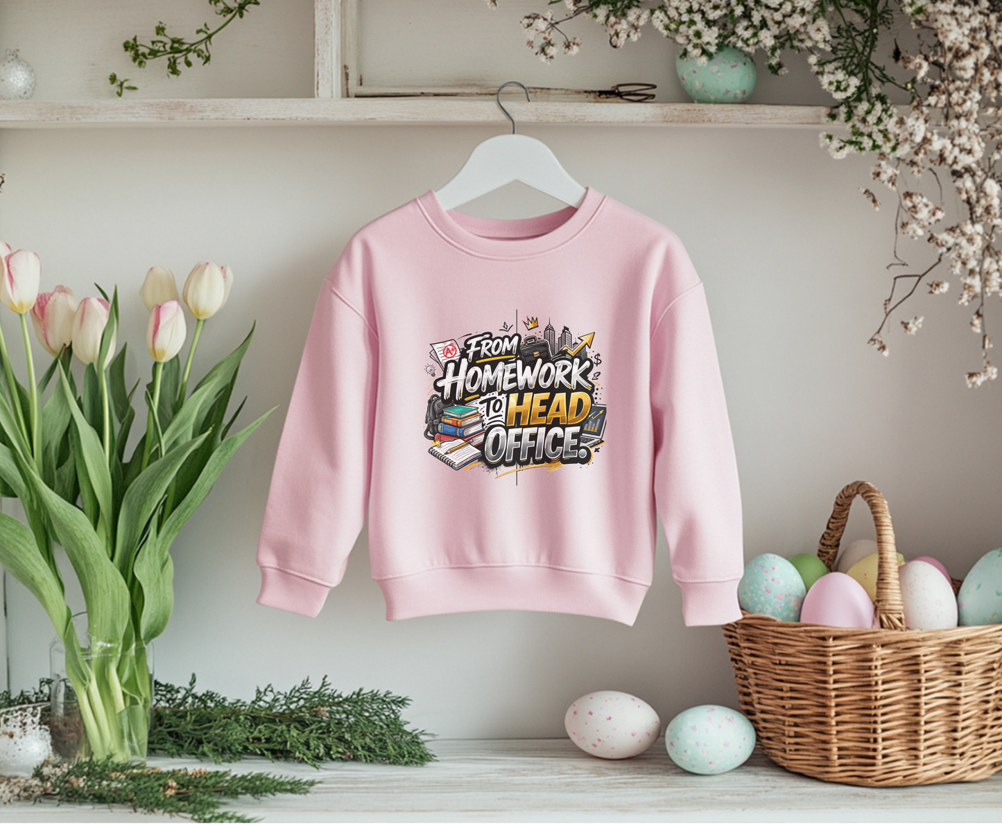 Youth Crewneck Sweatshirt – “From Homework to Head Office” Graphic School-to-Work Sweatshirt