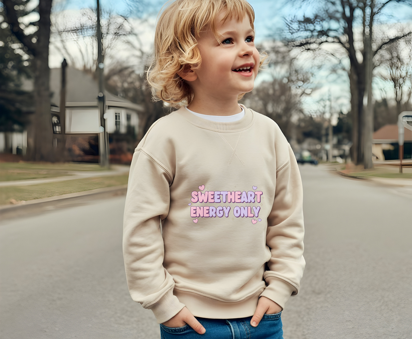 Youth Sweatshirt — "Sweetheart Energy Only" Pastel Cute Crewneck