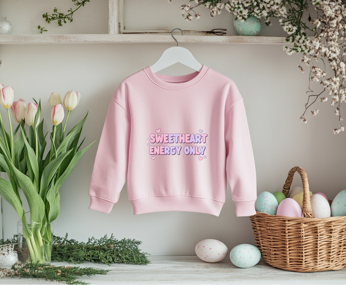 Youth Sweatshirt — "Sweetheart Energy Only" Pastel Cute Crewneck