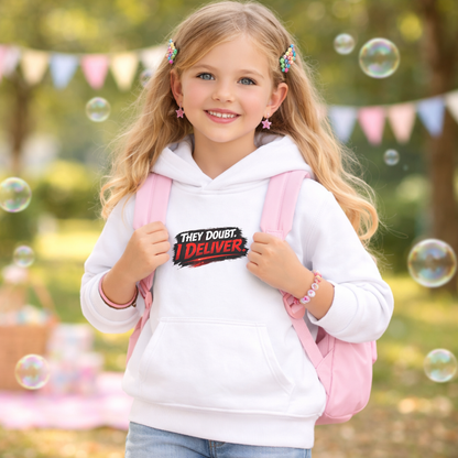They Doubt I Deliver Youth Hoodie – Motivational Graphic Pullover for Kids