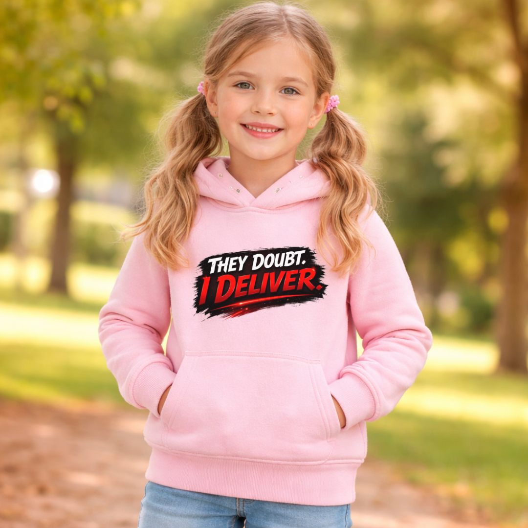 They Doubt I Deliver Youth Hoodie – Motivational Graphic Pullover for Kids