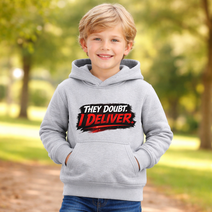 They Doubt I Deliver Youth Hoodie – Motivational Graphic Pullover for Kids